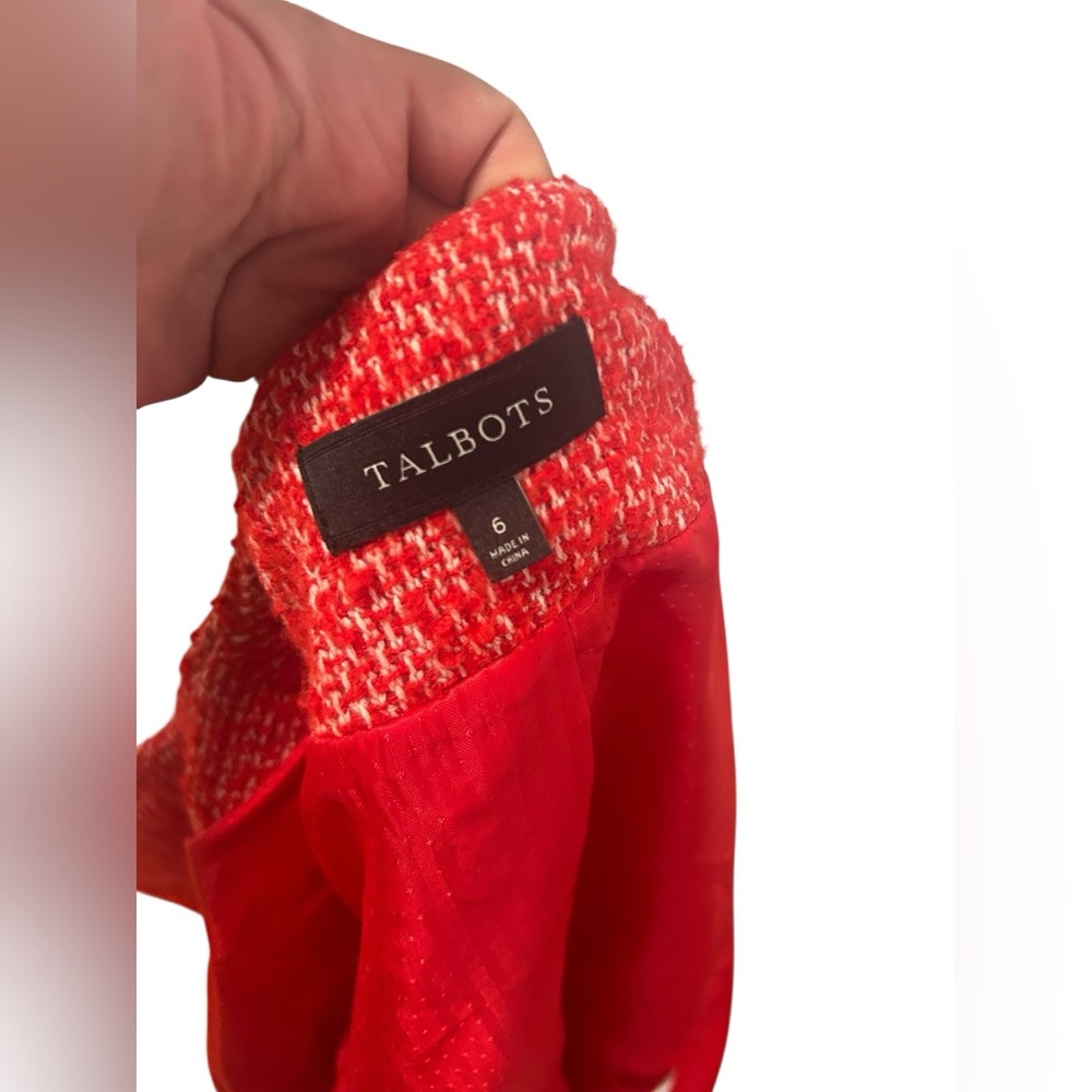 Talbots Red Tweed Blazer Jacket Gold Button Fringe Trim Classic Preppy Chic - Picture 4 of 4